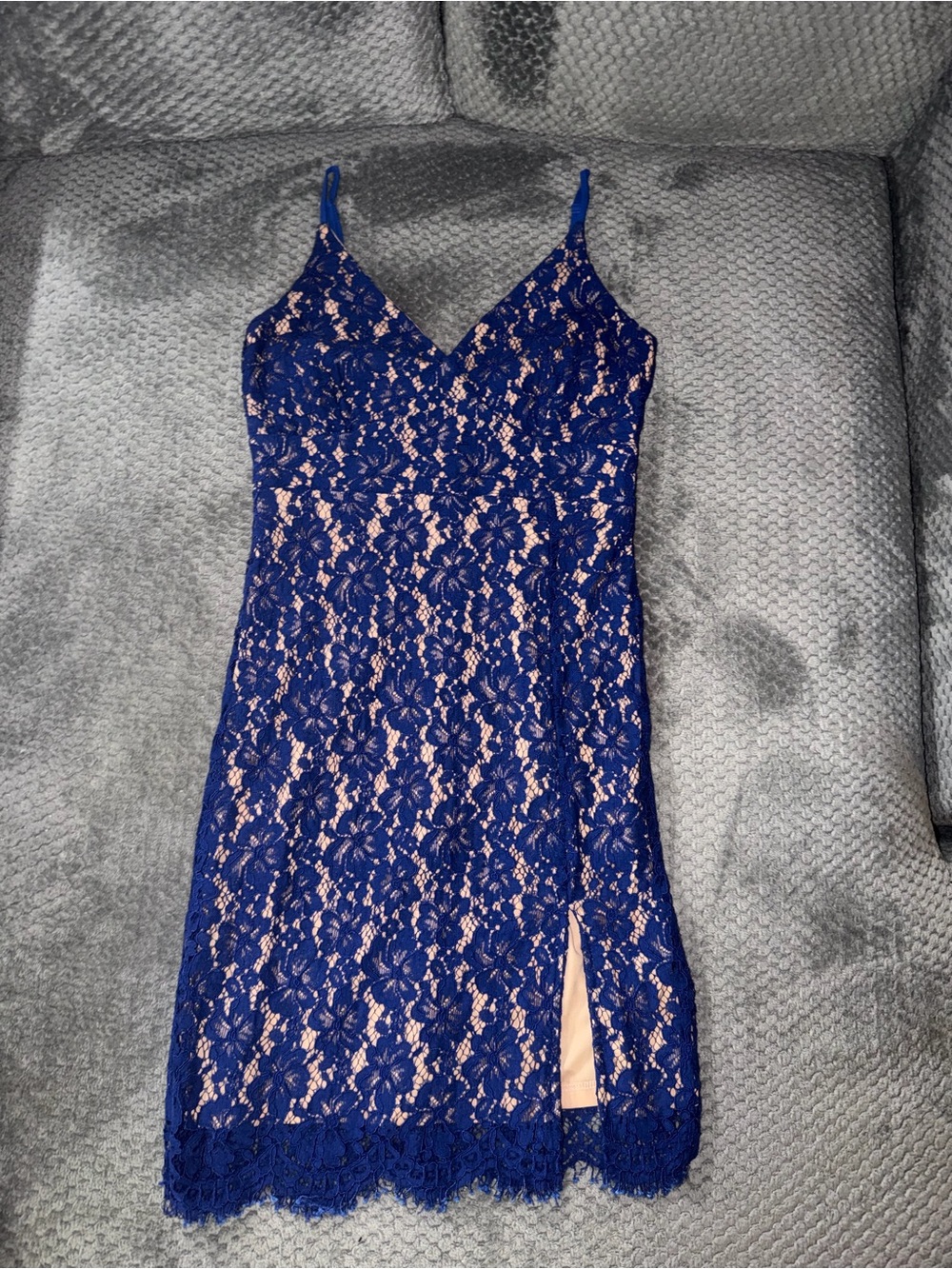 Lulu’s Blue Lace Slip Dress with Nude Lining